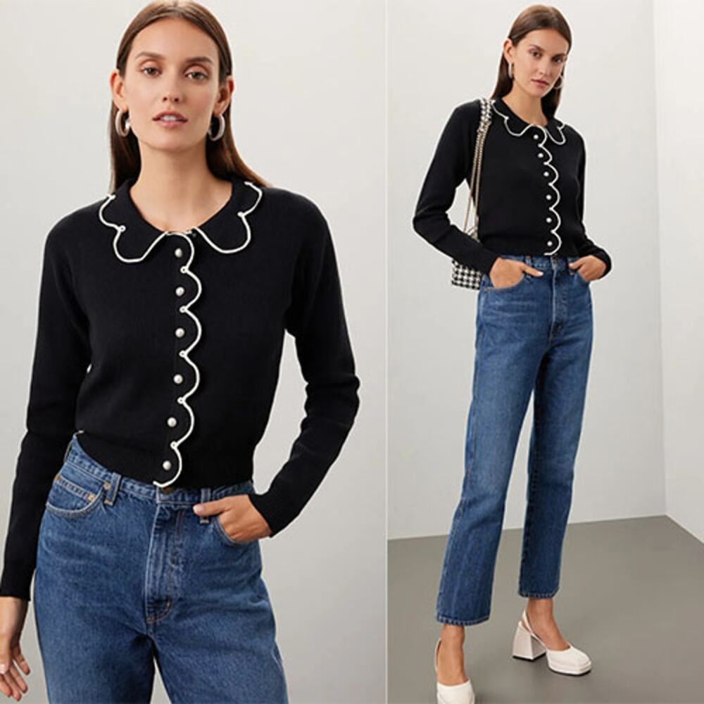 NEW Rachel Antonoff Cropped Collared Cupcake Long Sleeves Cardigan Black Size: M